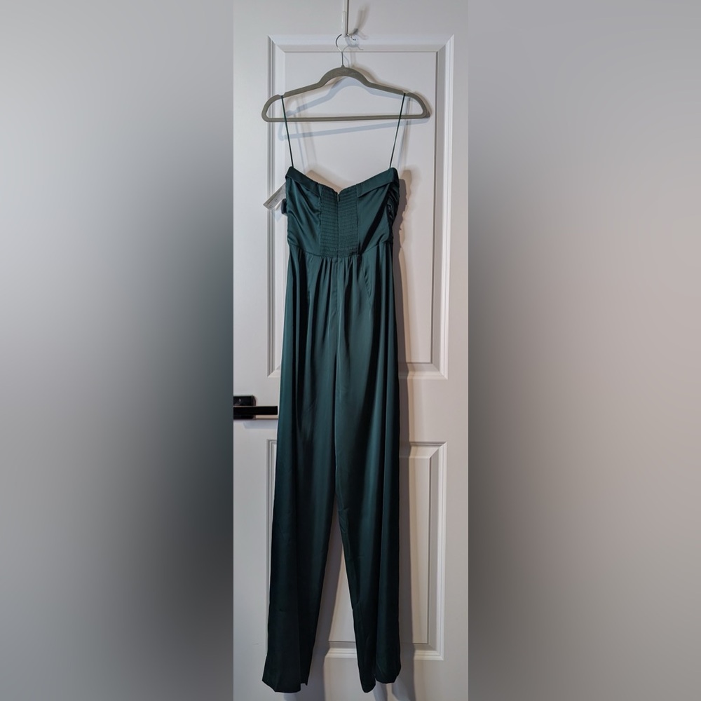 Abercrombie & Fitch Emerson‎ Ruched Strapless Satin Emerald Green Jumpsuit NWT - Picture 4 of 12